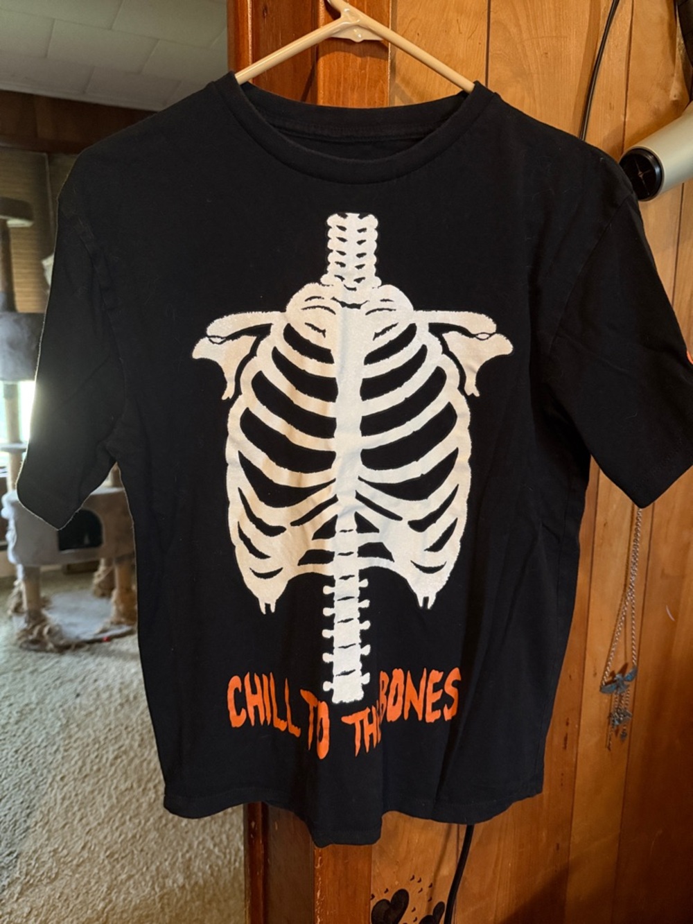 Eighty Eight Black Tee with White Skeleton and Orange Text